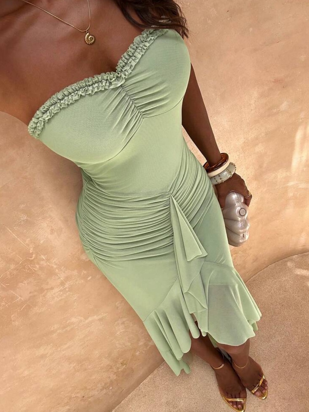 Sage Green Strapless Ruched High-Low Dress - Picture 3 of 3